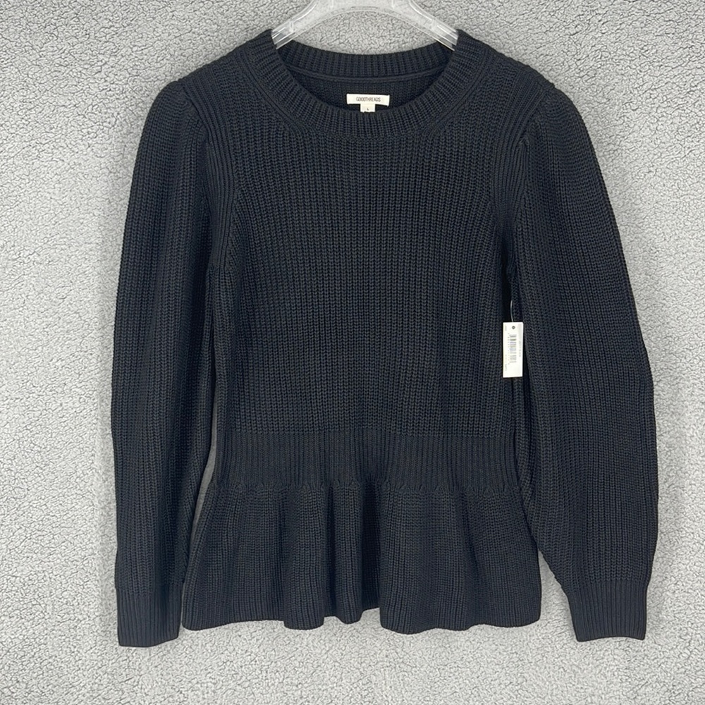 Good Threads black crew neck bell sleeve ruffled bottom women’s Large sweater